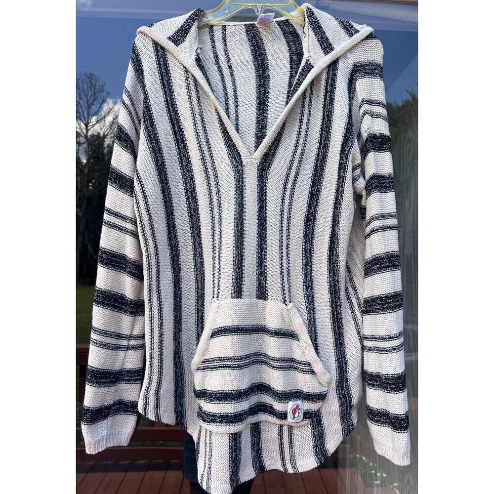 Buc-ees Baja Black Beige Stripe Knit Pullover Oversized Knit Hoodie Medium